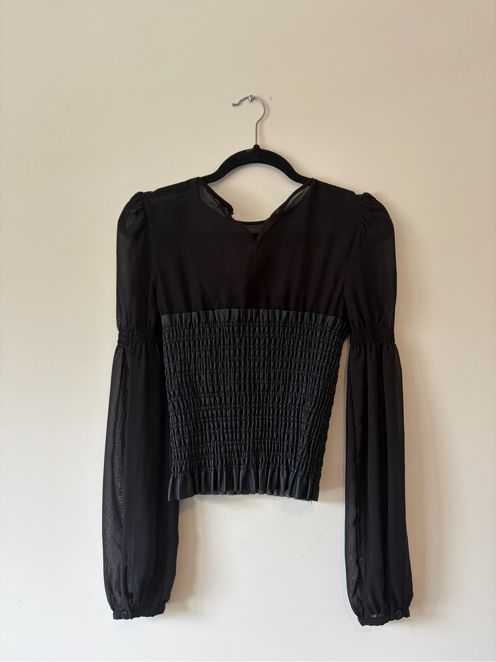 Zara Black Smocked Blouse with Sheer Long Sleeves - Picture 6 of 6
